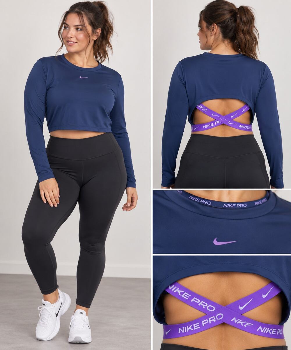 Nike Pro Dri-FIT XL Cropped Long Sleeve Open Back Training Top Navy Purple